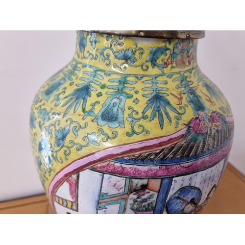 1633 - A large Chinese famille rose yellow ground table lamp, height excluding bulb 66cm.