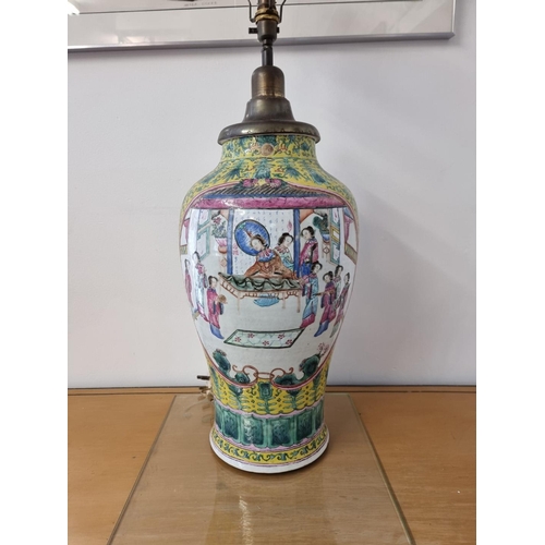 1633 - A large Chinese famille rose yellow ground table lamp, height excluding bulb 66cm.