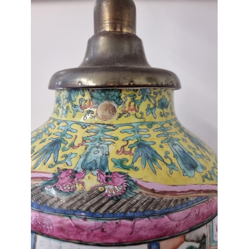 1633 - A large Chinese famille rose yellow ground table lamp, height excluding bulb 66cm.