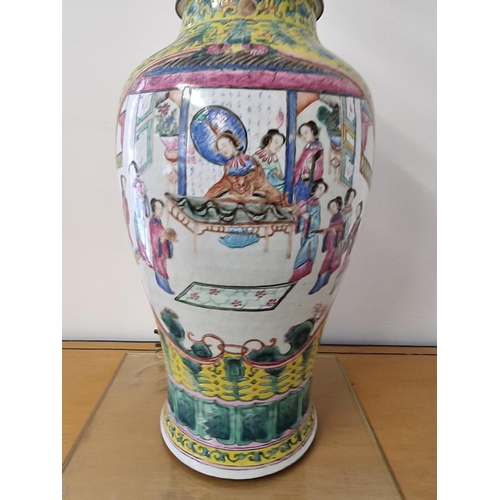 1633 - A large Chinese famille rose yellow ground table lamp, height excluding bulb 66cm.