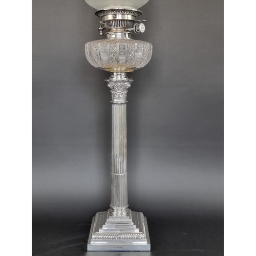 1A - An Edwardian silver Corinthian column oil lamp, by Mappin and Webb, Sheffield 1906, height to top of... 