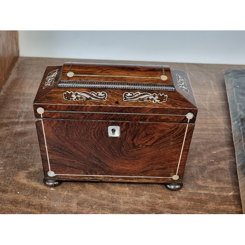 1121 - A 19th century mahogany and brass bound writing slope, 40.5cm wide; together with two tea caddies; a... 