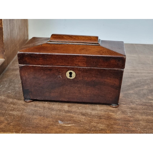 1121 - A 19th century mahogany and brass bound writing slope, 40.5cm wide; together with two tea caddies; a... 