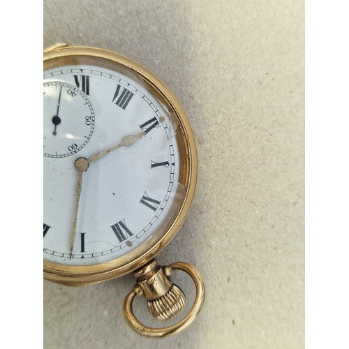 396 - An 18ct gold open faced stem wind pocket watch, 50mm, having Swiss movement, the case by A.L.D, Birm... 