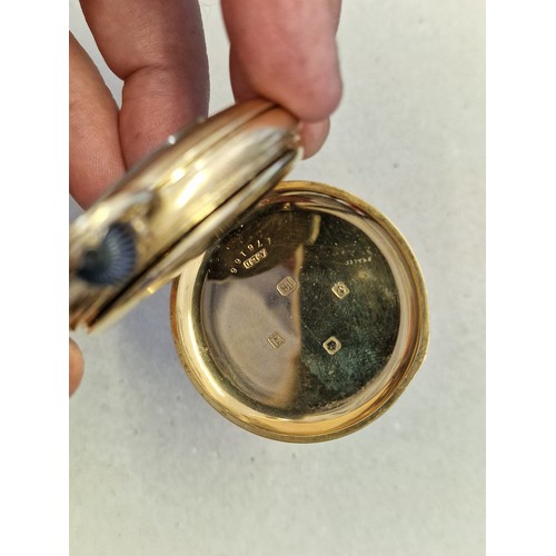 396 - An 18ct gold open faced stem wind pocket watch, 50mm, having Swiss movement, the case by A.L.D, Birm... 