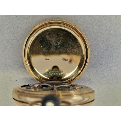 396 - An 18ct gold open faced stem wind pocket watch, 50mm, having Swiss movement, the case by A.L.D, Birm... 