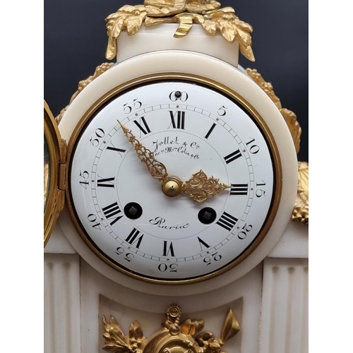 1107 - A good 19th century French white marble and gilt bronze mantel clock, in Louis XVI style, the e... 