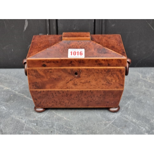 1016 - A George III burr yew and line inlaid sarcophagus tea caddy, total width 24cm; together with a ... 