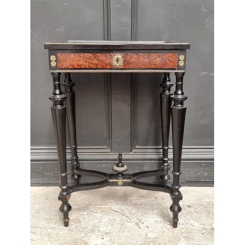 1026 - A small late 19th century, Louis XIV style, ebonised and amboyna bijouterie table, the top 50.5... 