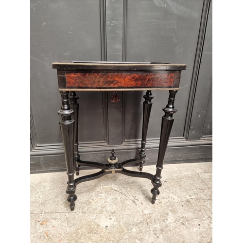 1026 - A small late 19th century, Louis XIV style, ebonised and amboyna bijouterie table, the top 50.5... 