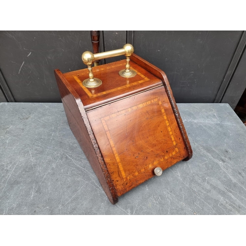 1028 - A late Victorian mahogany, satinwood banded and line inlaid purdonium, 32cm wide, with brass shovel.... 