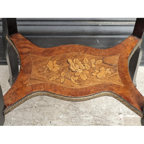 1043 - A Louis XV style burr walnut, ebonised and inlaid jardiniere, 46cm wide.