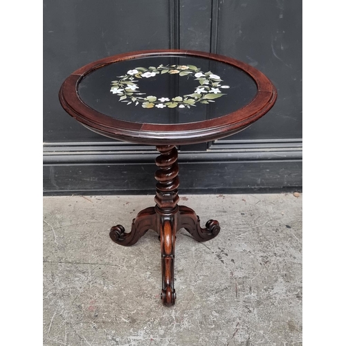 1050 - A rosewood, mahogany and pietra dura tripod table, 51cm diameter.