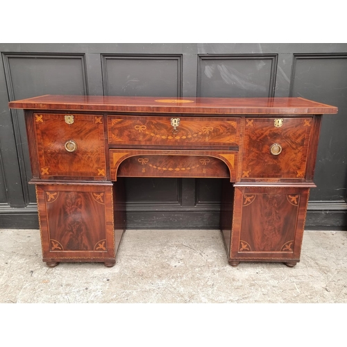 1058 - An unusual 19th century mahogany and inlaid pedestal sideboard, probably Scottish, 160.5cm wide.... 