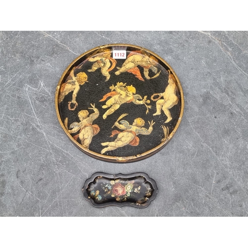 1112 - An unusually small 19th century papier mache tray, by Jennens & Bettridge, 15cm wide; together w... 