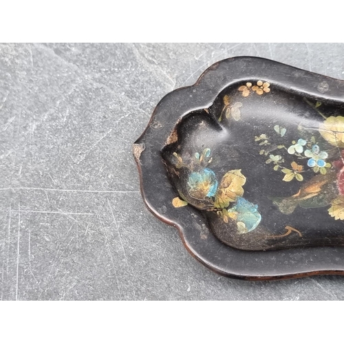 1112 - An unusually small 19th century papier mache tray, by Jennens & Bettridge, 15cm wide; together w... 