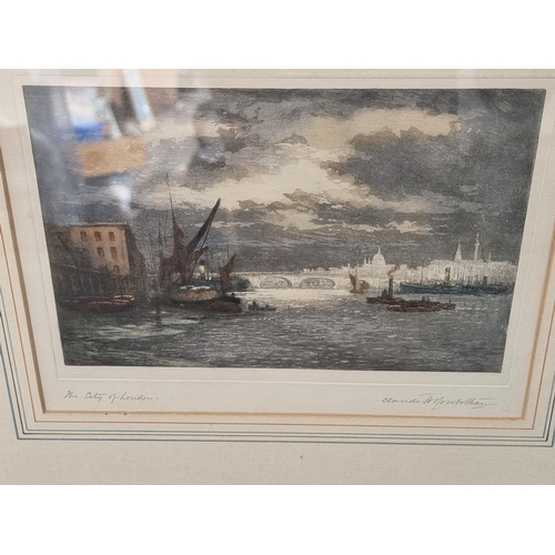 1124 - Claude Rowbotham, 'The City of London'; 'Becalmed', two works, each signed and titled, aquatints, pl... 