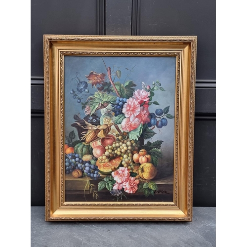 1134 - European School, 20th century, still life of flowers and fruit on a ledge, oil on canvas, 54 x 40.5c... 