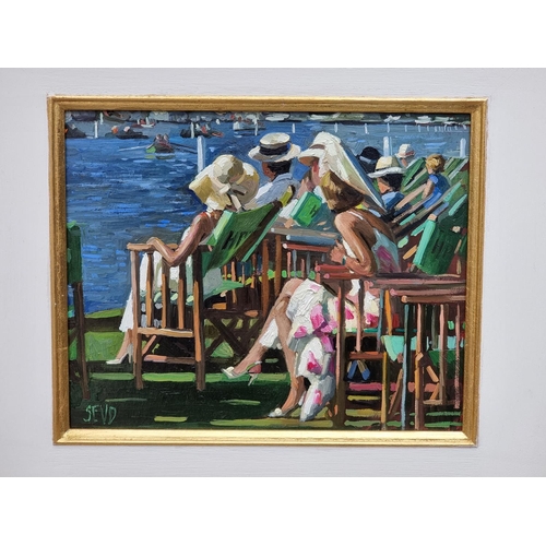 1135 - Sherree Valentine Daines, 'Henley Royal Regatta', initialled, labelled verso, oil on board, 21.5 x 2... 