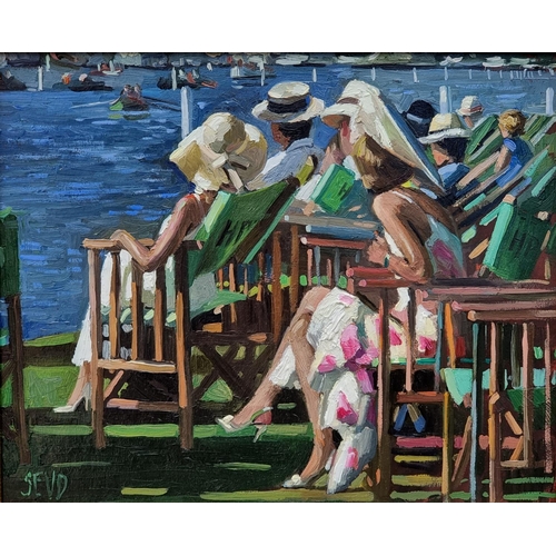 1135 - Sherree Valentine Daines, 'Henley Royal Regatta', initialled, labelled verso, oil on board, 21.5 x 2... 