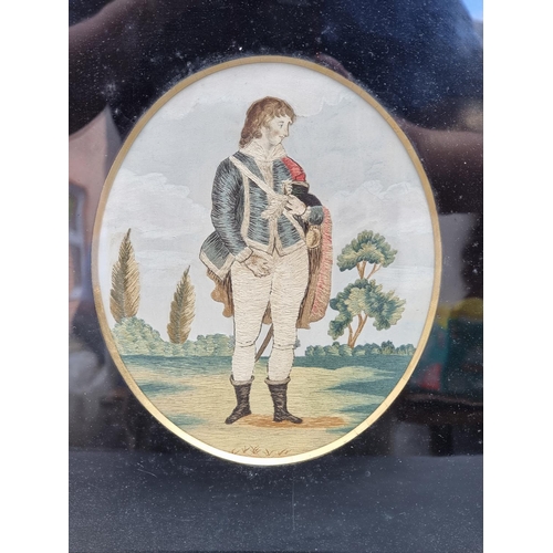 1142 - A Georgian petit point and watercolour panel of a soldier, 20.5 x 17cm oval. ... 