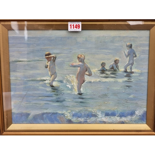 1149 - Manner of Henry Scott Tuke, children bathing in the shallows, oil on canvas, 24 x 34.5cm.&... 