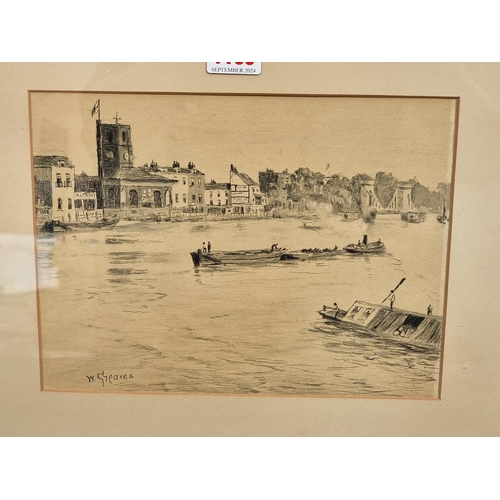 1165 - Walter Greaves, 'Chelsea Old Church from Battersea Bridge', signed, pen and ink, 18.5 x 24.5cm.... 