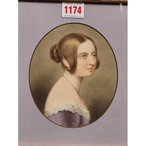 1174 - After Sir William Ross, head and shoulders portrait of Queen Victoria, watercolour, 15.5 x 13cm... 