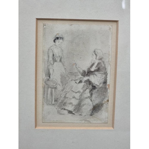 1189 - Frederick Walker, an elderly lady and a servant girl, pencil and wash, 11 x 7.5cm.... 