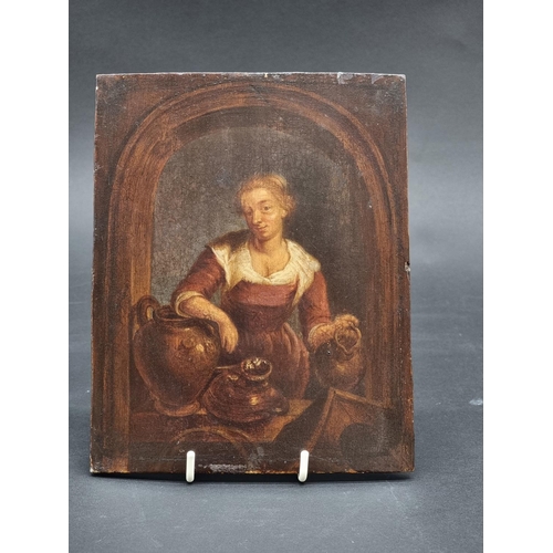 1194 - European School, 18th century, a lady in an interior, oil on oak panel, 19 x 15cm, unframed.... 