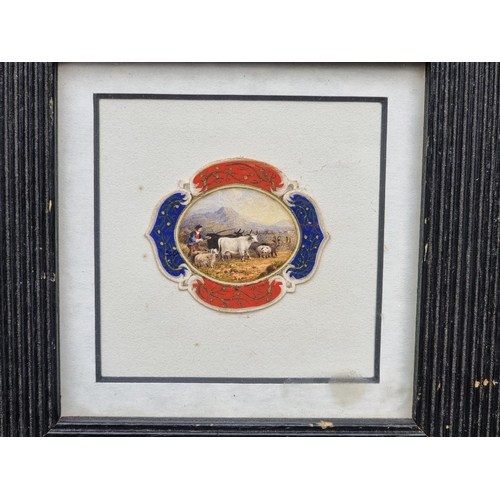 1195 - British School, 19th century, a miniature of cattle being herded, watercolour, 4 x 4.7cm.... 