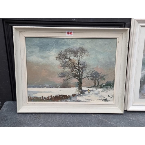 1204 - John Ambrose, a figure in a winter landscape, signed, oil on board, 29.5 x 39.5cm; together wit... 