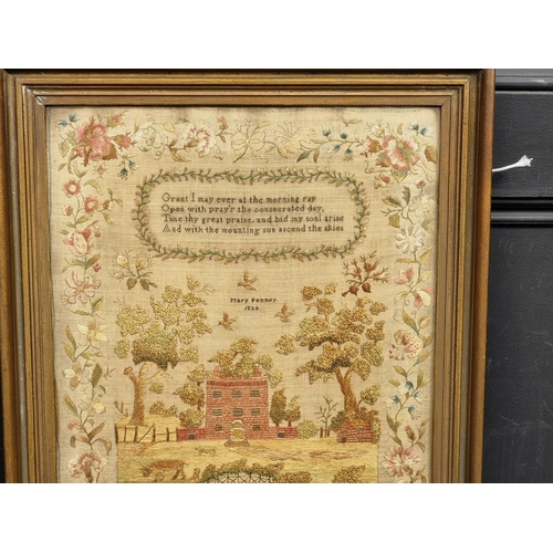 1208 - A good and unusual William IV petit point and stumpwork sampler, inscribed 'Mary Penney, 1829', 45 x... 