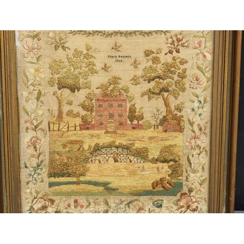 1208 - A good and unusual William IV petit point and stumpwork sampler, inscribed 'Mary Penney, 1829', 45 x... 