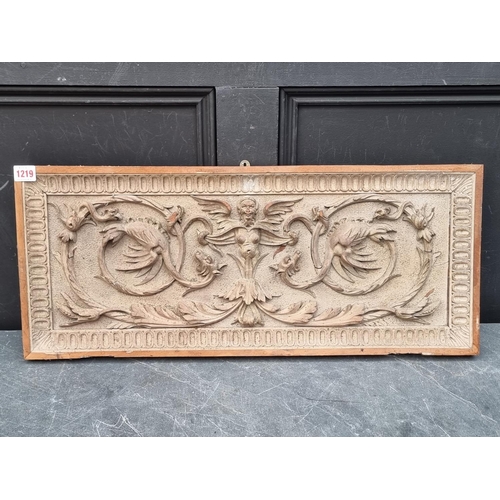 1219 - A Renaissance style relief carved pine panel, 28.5 x 69.5cm. 