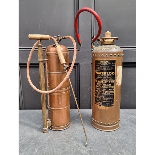 1250 - A vintage 'Waterloo' copper fire extinguisher, 59cm high; together with another vintage copper garde... 