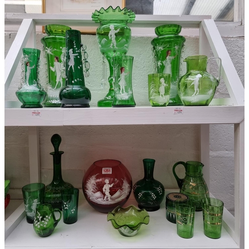 1251 - A group of Victorian Mary Gregory style green glass and others similar, largest 31.5cm high. (19)... 