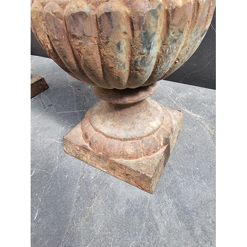 1270 - A small pair of cast iron Campana urns, 31.5cm high.