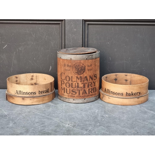 1285 - Advertising: a vintage plywood 'Coleman's Poultry Mustard' box, 25cm high; together with two 'Allins... 