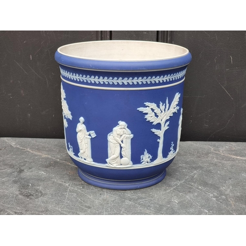 1298 - A late Victorian blue Jasperware jardiniere, 22.5cm high x 23cm diameter. 