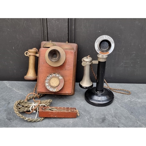 1305 - A vintage candlestick telephone, inscribed 'TE 234 No22'; together with another old wall mounted GPO... 