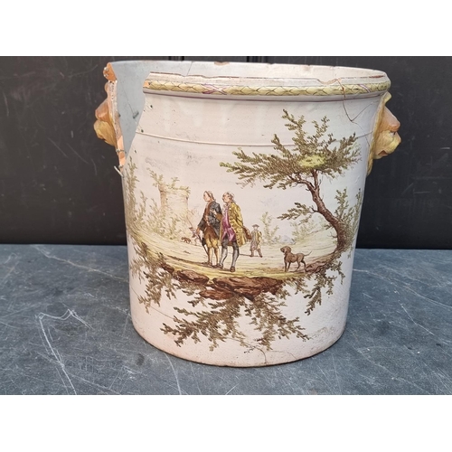 1336 - A 19th century French pottery armorial wine cooler, 29.5cm high x 32cm diameter, (a.f.).... 