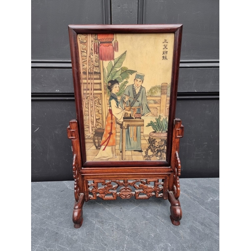 1363 - A Chinese painted marble table screen, in hardwood stand, 59.5 high x 34cm wide.  ... 