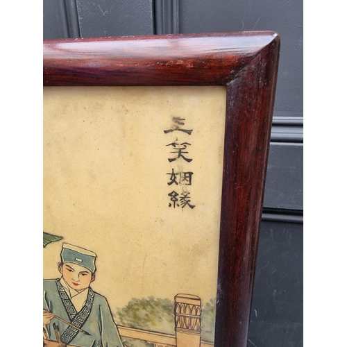 1363 - A Chinese painted marble table screen, in hardwood stand, 59.5 high x 34cm wide.  ... 