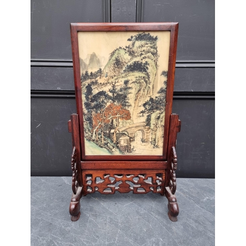 1363 - A Chinese painted marble table screen, in hardwood stand, 59.5 high x 34cm wide.  ... 