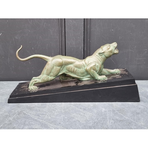 1369 - Demetre Chiparus, 'Panther', verdigris bronze and black marble, signed, 54cm long.