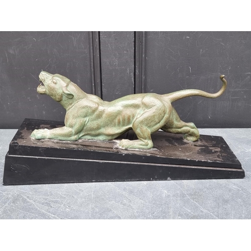 1369 - Demetre Chiparus, 'Panther', verdigris bronze and black marble, signed, 54cm long.