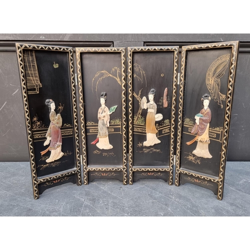 1370 - A small Chinese black lacquered and soapstone inlaid four-fold table screen, 36 x 50cm.... 