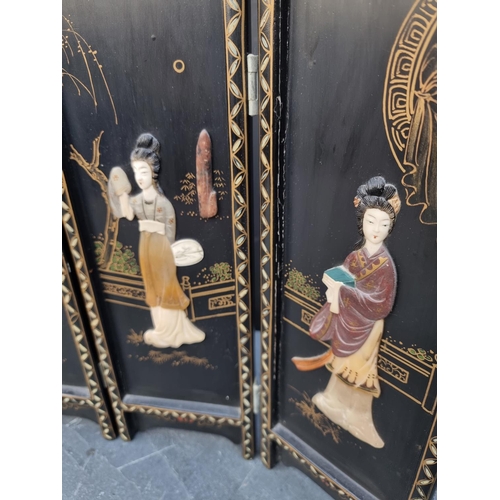 1370 - A small Chinese black lacquered and soapstone inlaid four-fold table screen, 36 x 50cm.... 