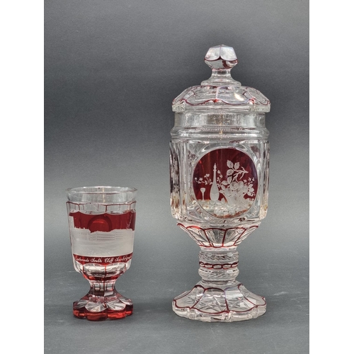 1379 - A good 19th century Bohemian ruby flashed and cut glass goblet & cover, 29.5cm high; together wi... 